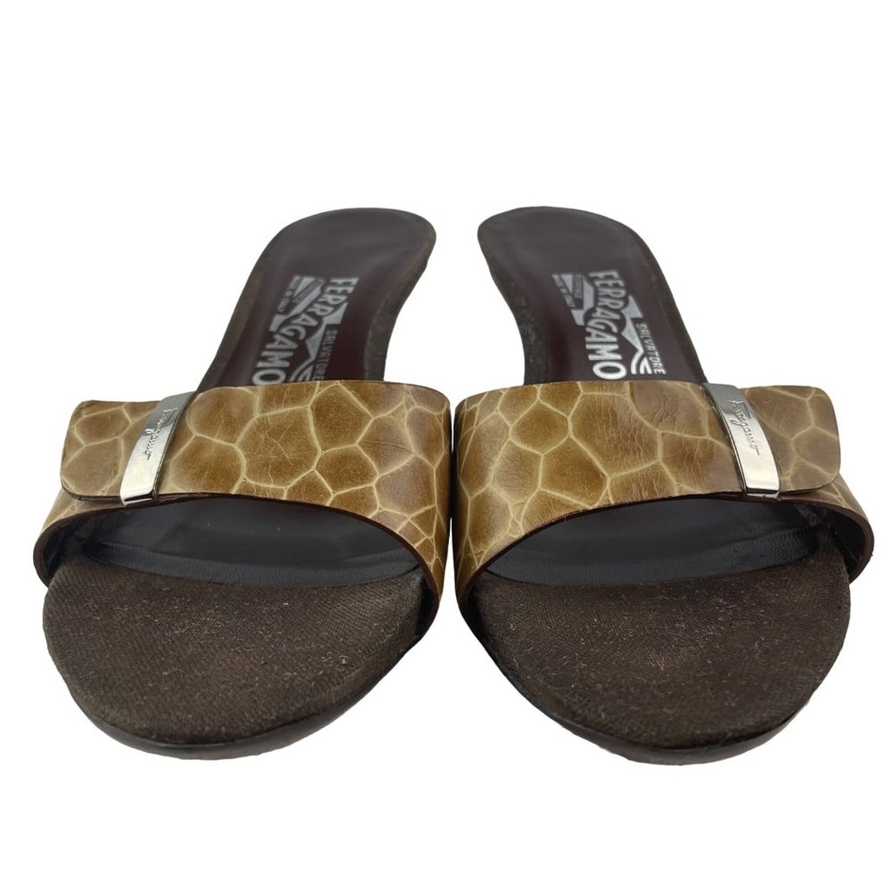 SALVATORE FERRAGAMO Crocodile Print Brown Leather Open Toe Kitten Heel Size 9 - Picture 2 of 13